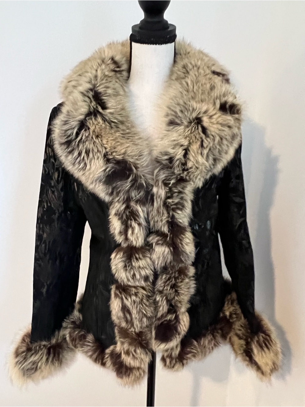 Vintage Real Fox Fur Collar Black Embossed Nappa Sheep Leather Jacket M Mobwife